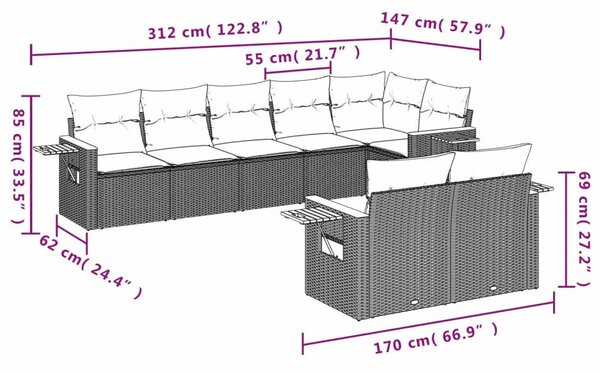 VidaXL Polyrattan Kerti Ülőgarnitúra - 8 részes - Fekete