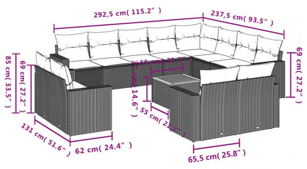 VidaXL Polyrattan Kerti Ülőgarnitúra - 13 részes - Fekete