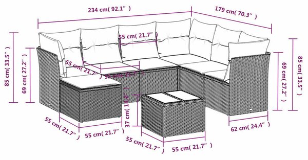 VidaXL Polyrattan Kerti Ülőgarnitúra - 8 részes - Fekete