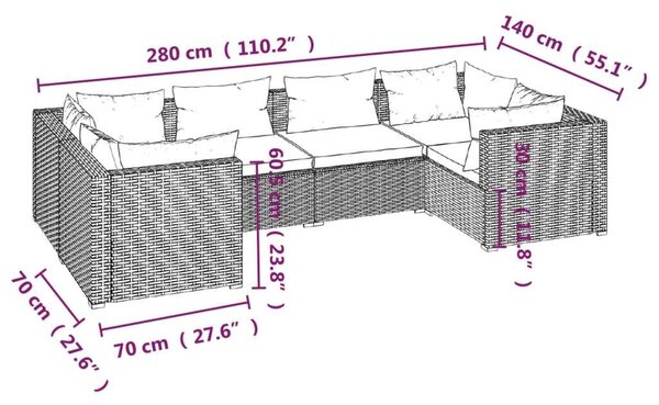 6-részes barna polyrattan kerti ülőgarnitúra párnákkal