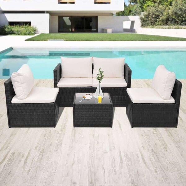 VidaXL 5-részes fekete polyrattan kerti bútorszett párnákkal