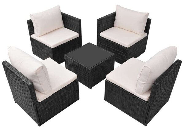 VidaXL 5-részes fekete polyrattan kerti bútorszett párnákkal