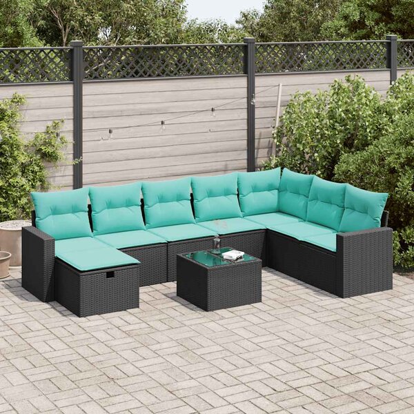 9 részes fekete polyrattan kerti ülőgarnitúra párnákkal