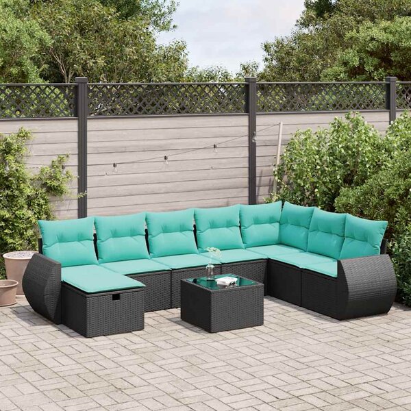 9 részes fekete polyrattan kerti ülőgarnitúra párnákkal