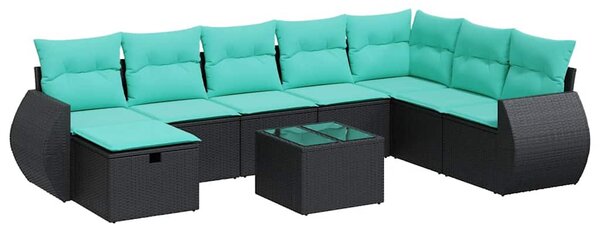9 részes fekete polyrattan kerti ülőgarnitúra párnákkal