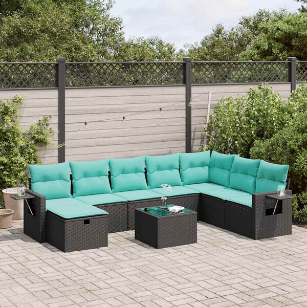 9 részes fekete polyrattan kerti ülőgarnitúra párnákkal