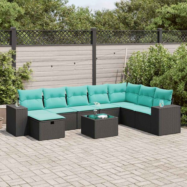 9 részes fekete polyrattan kerti ülőgarnitúra párnákkal