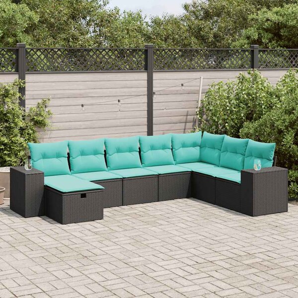 8 részes fekete polyrattan kerti ülőgarnitúra párnákkal