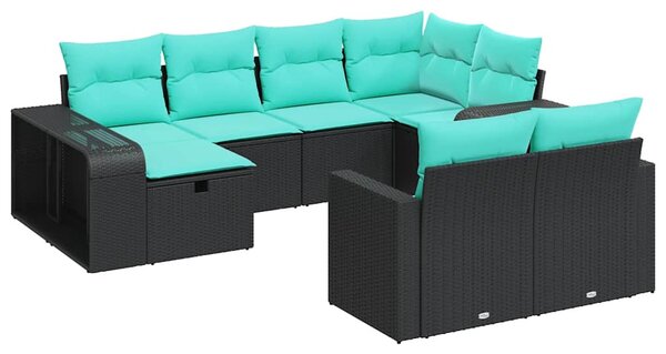 10 részes fekete polyrattan kerti ülőgarnitúra párnákkal