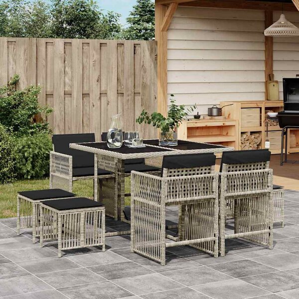 9részes világosszürke polyrattan kerti étkezőgarnitúra párnával