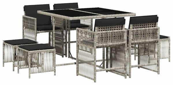 9részes világosszürke polyrattan kerti étkezőgarnitúra párnával