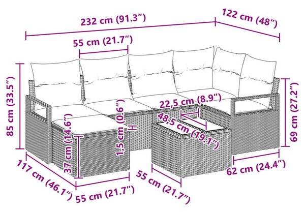 7 Darabos Kertibútor Szett Párnákkal Szürke Poli Rattan, 2-Fős Kertibútor Párnákkal Szürke Poli Rattan