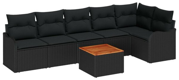 7 részes kerti kanapé szett párnákkal Fekete Poli Rattan Akácia, 2 személyes kerti kanapé tárolóval és párnákkal Fekete Poli Rattan