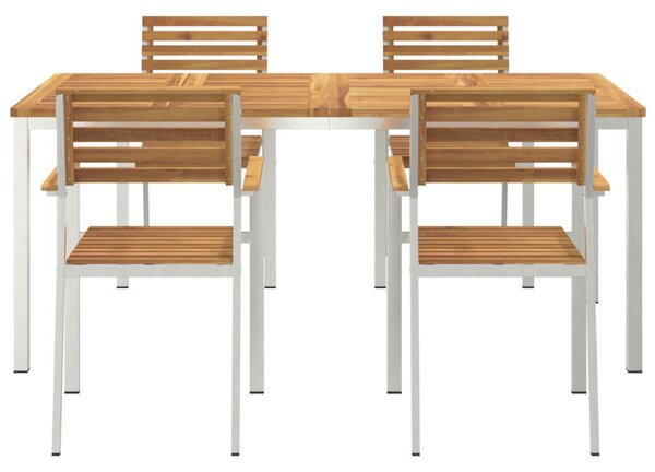 5 darabos Kerti Étkező Szett Tömör Akácfából, Kültéri Étkezőasztal 180x90x75 cm Tömör Akácfából, Összecsukható Kerti Székek 4 db Tömör Akácfa és Acél