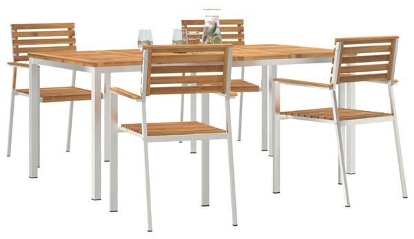 5 darabos Kerti Étkező Szett Tömör Akácfából, Kültéri Étkezőasztal 180x90x75 cm Tömör Akácfából, Összecsukható Kerti Székek 4 db Tömör Akácfa és Acél