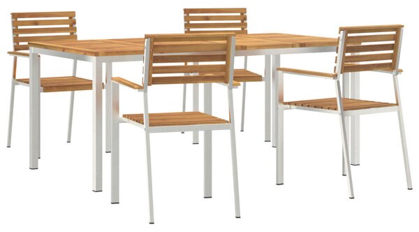 5 darabos Kerti Étkező Szett Tömör Akácfából, Kültéri Étkezőasztal 180x90x75 cm Tömör Akácfából, Összecsukható Kerti Székek 4 db Tömör Akácfa és Acél