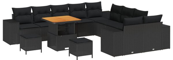 13 Részes Kerti Kanapé Szett Párnákkal Fekete Poli Rattan Akácia, 3 Részes Kerti Étkező Szett Párnákkal Fekete Poli Rattan Akácia