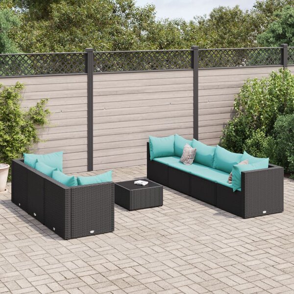 8 részes fekete polyrattan kerti ülőgarnitúra párnákkal