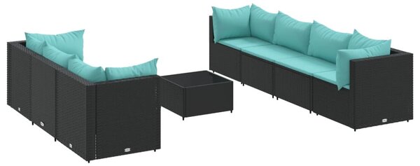 8 részes fekete polyrattan kerti ülőgarnitúra párnákkal