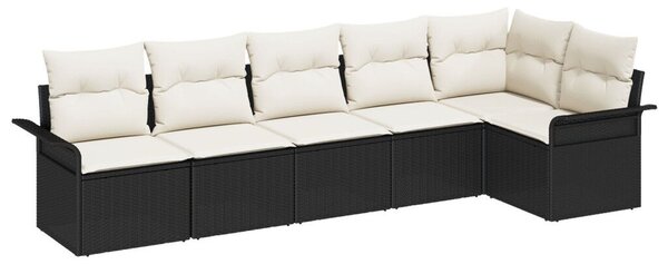 6 darabos Kerti Kanapé Szett Párnákkal Fekete Poli Rattan, 2-személyes Kerti Kanapé Tárolóval és Párnákkal Fekete Poli Rattan