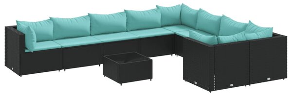10 részes fekete polyrattan kerti ülőgarnitúra párnákkal