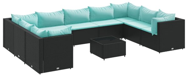 10 részes fekete polyrattan kerti ülőgarnitúra párnákkal