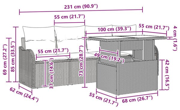 5 darabos kertibútor szett párnákkal világosszürke poli rattan, 2 személyes kertibútor párnákkal világosszürke poli rattan