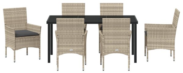 7 részes kerti étkező szett párnákkal világosszürke poli rattan, kerti asztal fekete 160x80x73 cm edzett üvegből