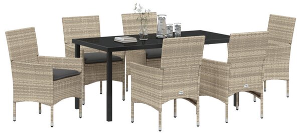 7 részes kerti étkező szett párnákkal világosszürke poli rattan, kerti asztal fekete 160x80x73 cm edzett üvegből