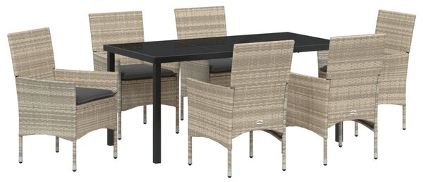 7 részes kerti étkező szett párnákkal világosszürke poli rattan, kerti asztal fekete 160x80x73 cm edzett üvegből