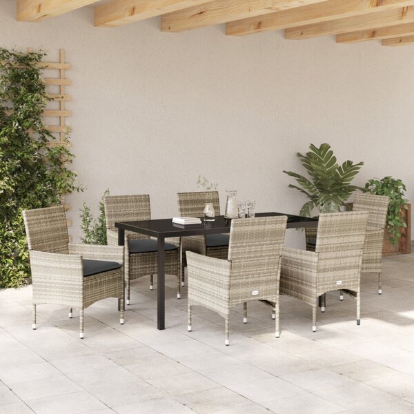 7 részes kerti étkező szett párnákkal világosszürke poli rattan, kerti asztal fekete 160x80x73 cm edzett üvegből