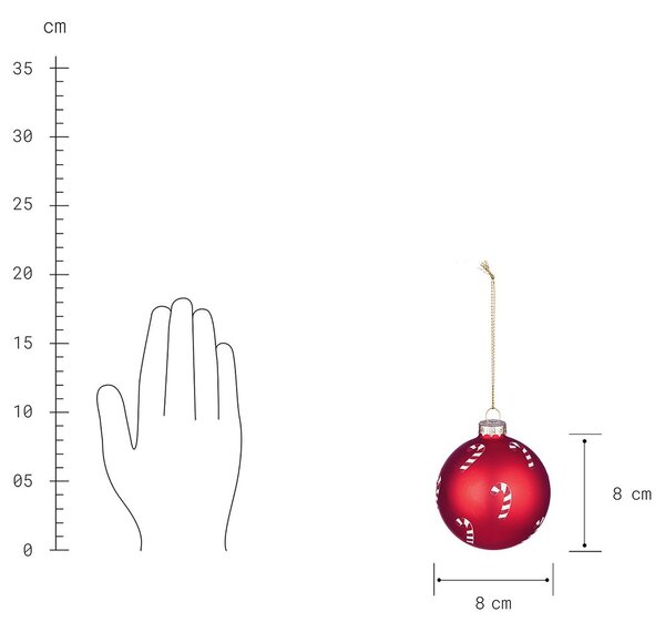 HANG ON üveg karácsonyfadísz, Candy Cane piros 8cm