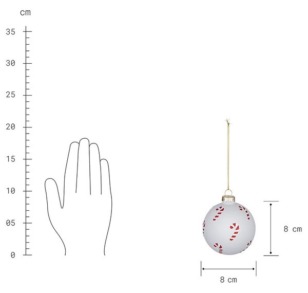 HANG ON üveg karácsonyfadísz, Candy Cane fehér 8cm