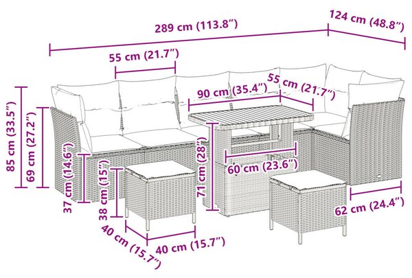 9 darabos kerti kanapé készlet párnákkal fekete poli rattan akáciából, 3 darabos kerti étkező készlet párnákkal fekete poli rattan akáciából