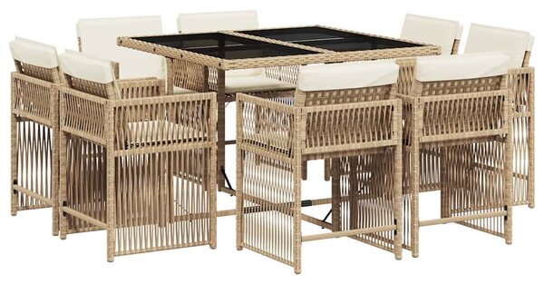 9 részes bézs polyrattan kerti étkezőgarnitúra párnákkal