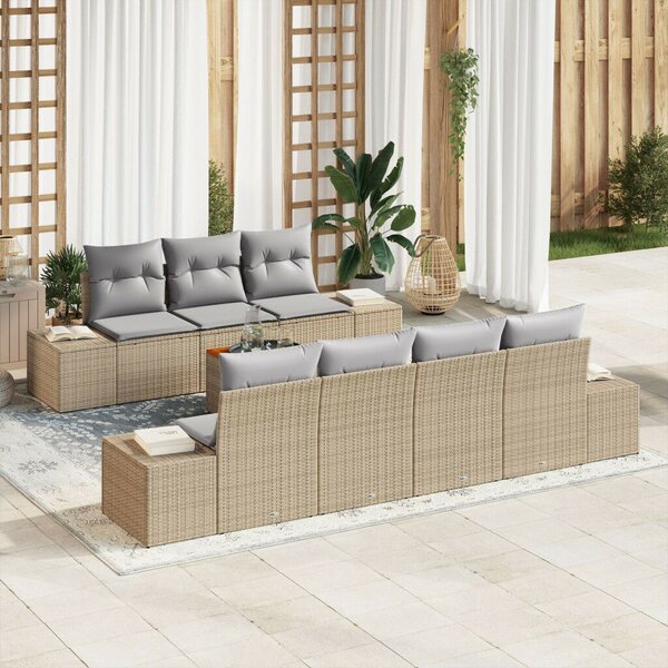 8 Darabos Kerti Sofa Szett Párnákkal Bézs Poli Rattan Akáciával