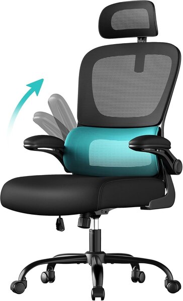 Ergonomikus hálós irodai szék, dinamikus deréktámasz, állítható fejtámla, dönthető karfák, 70x70x135 cm, fekete