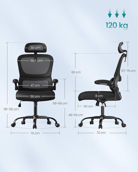 Ergonomikus hálós irodai szék, dinamikus deréktámasz, állítható fejtámla, dönthető karfák, 70x70x135 cm, fekete