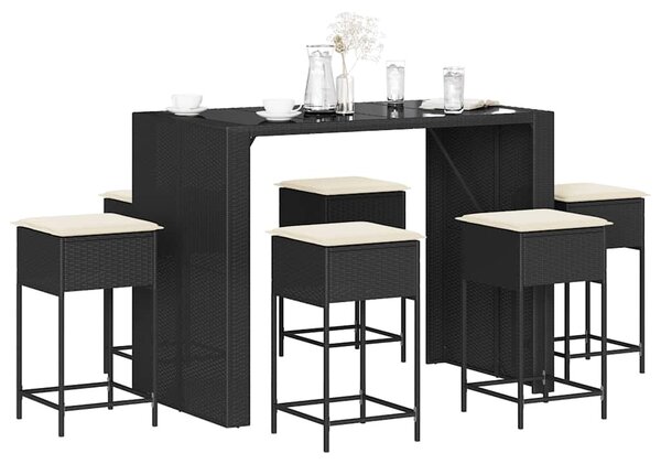 7 részes fekete polyrattan kerti bárszett párnákkal