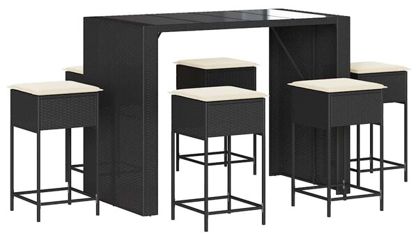 7 részes fekete polyrattan kerti bárszett párnákkal