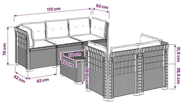 VidaXL 5-Személyes Kerti Kanapé Párnákkal Rattan Hatású PP
