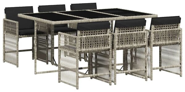 7 részes világosszürke polyrattan kerti étkezőszett párnával