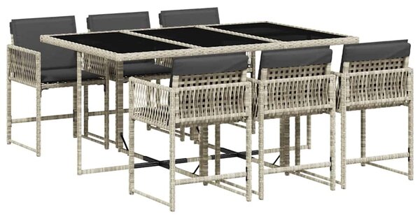 7 részes világosszürke polyrattan kerti étkezőszett párnával