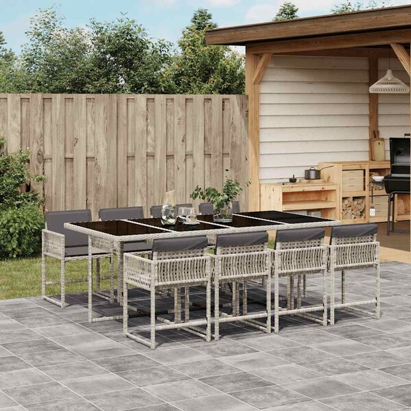 9részes világosszürke polyrattan kerti étkezőgarnitúra párnával