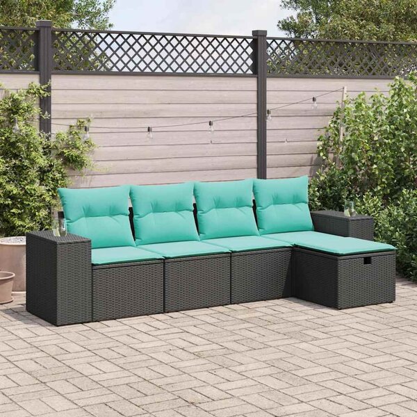 5 részes fekete polyrattan kerti kanapészett párnákkal