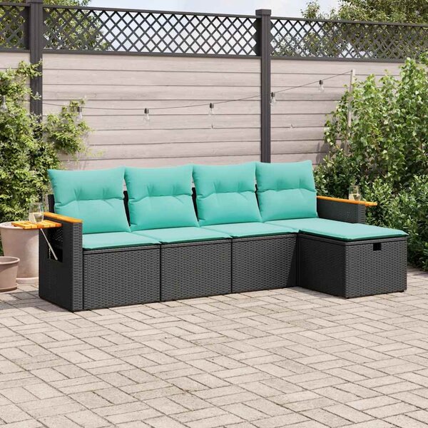 5 részes fekete polyrattan kerti kanapészett párnákkal
