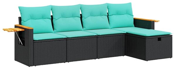 5 részes fekete polyrattan kerti kanapészett párnákkal