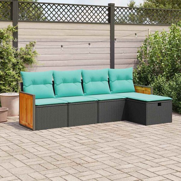 5 részes fekete polyrattan kerti kanapészett párnákkal