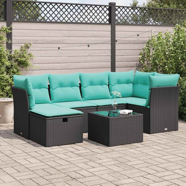 7 részes fekete polyrattan kerti ülőgarnitúra párnával