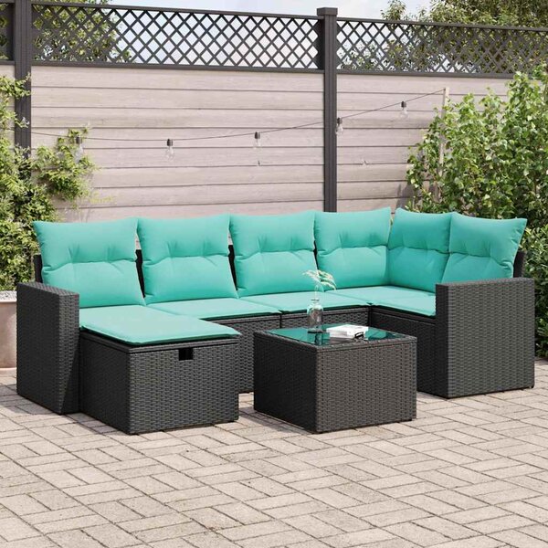 7 részes fekete polyrattan kerti ülőgarnitúra párnával
